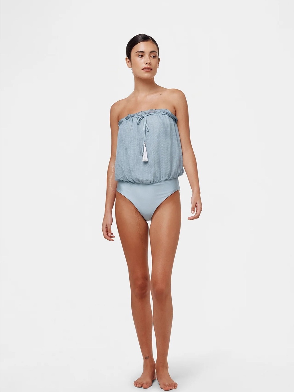 NWT Hanne Bloch Ice Blue Square Bandeau Silk Swimsuit Bodysuit Medium $440